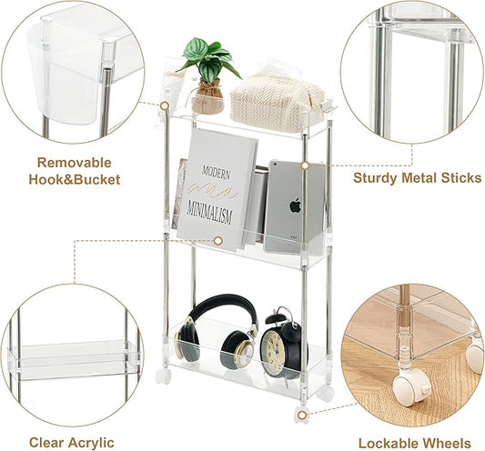 VECELO 3-Tier Acrylic Rolling Cart, Utility Cart for Kitchen Storage, Mobile Shelves Slide-Out Organizers with 2 Lockable Wheels&Hooks for Bathroom Laundry Room Living Room Office, Clear