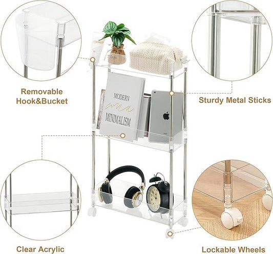 VECELO 3-Tier Acrylic Rolling Cart, Utility Cart for Kitchen Storage, Mobile Shelves Slide-Out Organizers with 2 Lockable Wheels&Hooks for Bathroom Laundry Room Living Room Office, Clear - ModernBath