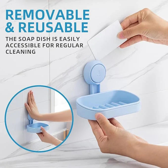 LEVERLOC Soap Dish Holder for Shower Suction Cup Wall Mounted Self Draining NO-Drilling Removable Bar Soap Sponge Holder for Bathroom Bathtub Kitchen Sink Waterproof Strong Vacuum Suction, Blue - ModernBath