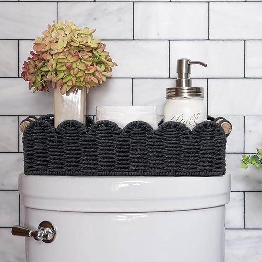 CubesLand Toilet Paper Storage Basket Scalloped Edge Home Decor Basket, Living Room Cozy Decor, Paper Rope Small Baskets for Over Toilet Storage Shelf, End Table, Shelves, with 2 Wooden Handles, Black