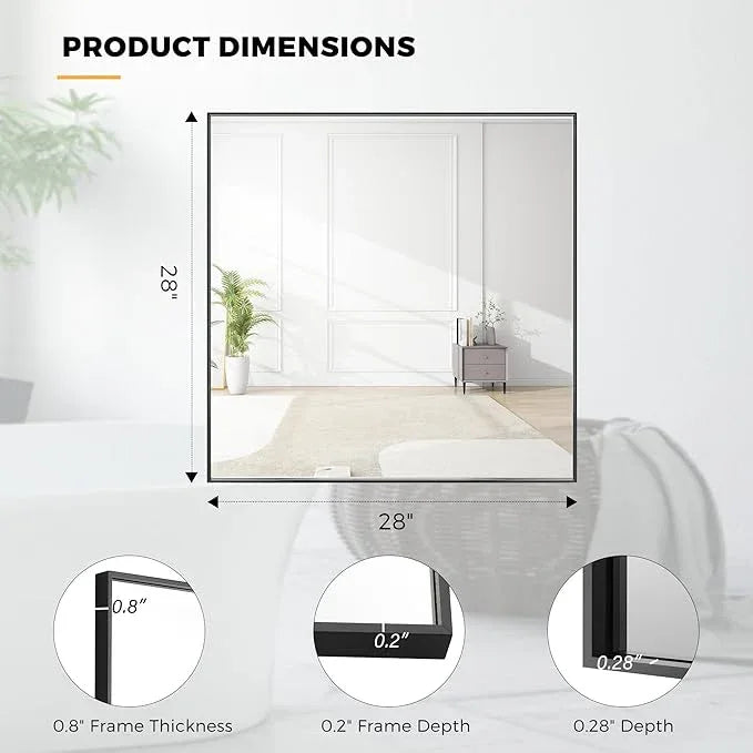 Bonverre 28x28 Inch Black Bathroom Mirror for Wall, Aluminum Frame Rectangle Rectangular Vanity Mirror, Modern Large for Bedroom, Living Room, Horizontal or Vertical - ModernBath