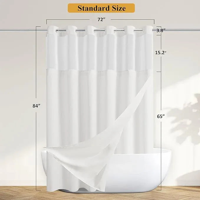 Jowels No Hooks Needed Linen Shower Curtain and Liner Set,White Hotel Luxury Decor Shower Curtains for Bathroom with See Through Top Window,Water Resistant Fabric,72Wx84L,White - ModernBath