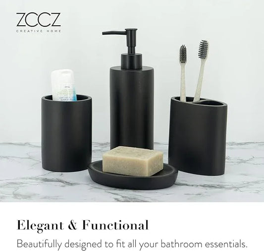 ZCCZ Grey Bathroom Accessory Sets, 4 Pieces Bathroom Accessories Complete Set Vanity Countertop Accessory Set, Includes Lotion Dispenser Soap Pump, Tumbler, Toothbrush Holder and Tray - ModernBath