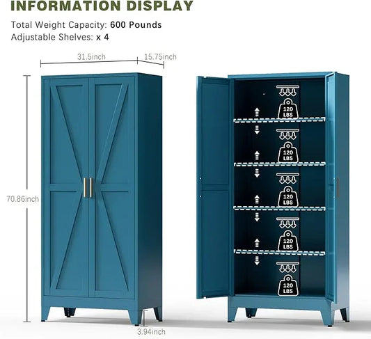 COFaR Home Farmhouse Storage Cabinet with Barn Door, Tall Kitchen Pantry Cupboard with Adjustable Shelves, for Dining Room, Bathroom, Living Room Blue. - ModernBath