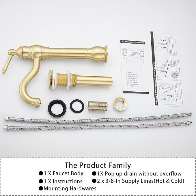 GGStudy 360 Swivel Single-Handle One Hole Vessel Sink Faucet with Matching Pop Up Drain - Brushed Gold Farmhouse Bathroom Vanity Faucet - ModernBath