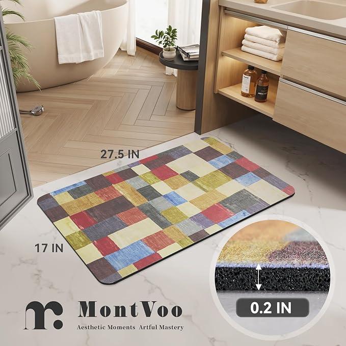 MontVoo -Bath Mat-Non Slip Thin Bathroom Rugs Fit Under Door- Quick Dry Absorbent Faux Suede Surface Grey Bathroom Floor Mats-Shower Rug for in Front of Bathtub Shower Retro Colors Plaid 17x27.5 - ModernBath