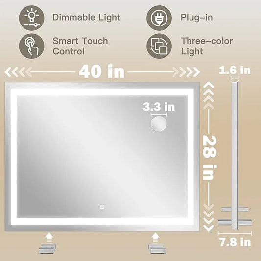 ROLOVE 40x28 Inch Lighted Vanity Mirror, 3-Color Lighting & Dimmable Modes, Large LED Makeup Mirror for Bathroom/Dressing Room (Wall/Tabletop Mount, White) - ModernBath