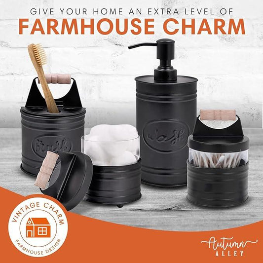 Autumn Alley Rustic Bathroom Accessories Set Black Farmhouse Soap Dispenser, Matte Black Toothbrush Holder, 2 Apothecary Jars Qtip Holder Glass - Rustic Bathroom Decor, Farmhouse Bathroom Accessories - ModernBath