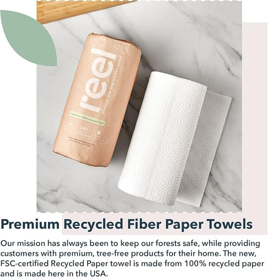 Reel Premium Recycled Paper Towels- 12 Rolls, 2-Ply Made From Tree-Free, 100% Recycled Paper - Eco-Friendly, Hypoallergenic and Zero Plastic Packaging