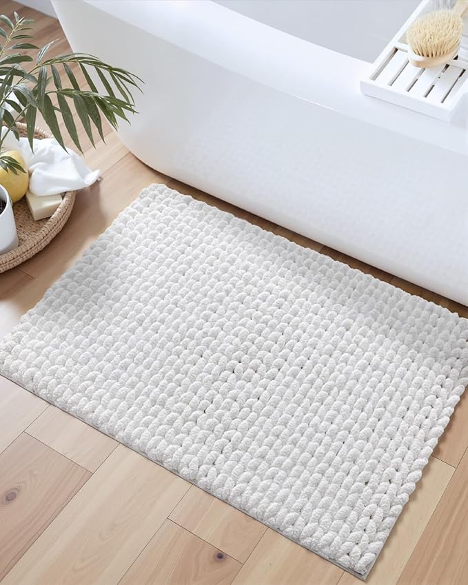DEXI Bathroom Rugs 17x30, Non Slip Washable Bath Mat, Luxury Chenille Super Absorbent Ultra Thick Bathmats for Shower Floor, Plush Fluffy Shaggy Carpet for Tub, White