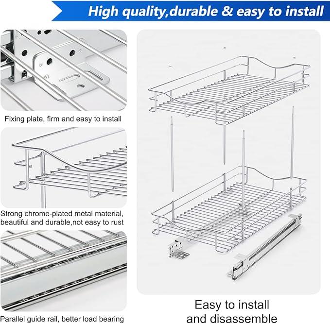 Fulgente Chrome Finish Pull Out Drawer Cabinet Organizer, Professional Wire Frame 2 Tier Heavy Duty Slide Out Kitchen Cabinet Storage Shelves, Sliding Drawer for Cabinet 11"W x 21"D - ModernBath
