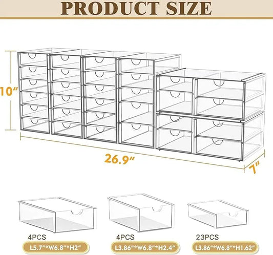 Acrylic Makeup Organizer with 31 Drawers, 6 Pack Clear Storage Drawers, Bathroom Makeup Organizer for Palettes, Cosmetic, and Beauty Supplies,Ideal for Vanity, Cabinet,Desk Organization - ModernBath