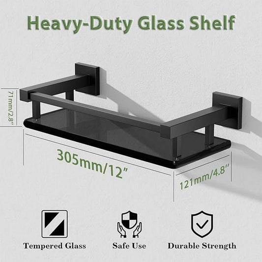 Alise Glass Shelves for Bathroom Wall, Tempered Glass Bathroom Shelf Wall Mounted, Modern Space Saving Floating Shelves 12 inch, Matte Black - ModernBath