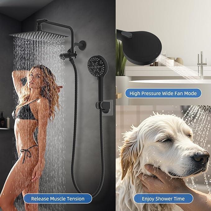 All Metal Black Shower Head, 10" High Pressure Rainfall/Handheld Shower Combo with 11" Extension Arm, 10-Spray Handheld Showerhead, 71" Long Hose, 3-Way Diverter Valve, Matte Black - ModernBath
