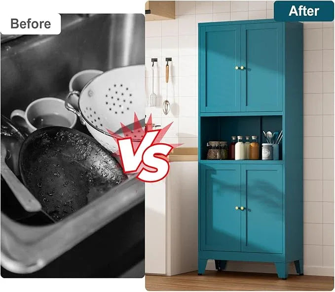 Metal Kitchen Pantry Cabinet, 69" Tall Storage Cabinet with 4 Doors and 3 Adjustable Shelves, Freestanding Cupboards for Dining Room, Living Room, Bathroom (Blue, 69" H) - ModernBath