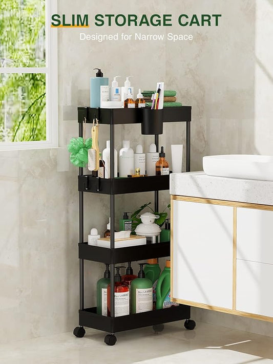 LEHOM Slim Rolling Storage Cart - 4 Tiers Bathroom Organizer Utility Cart Slide Out Storage Shelves Mobile Shelving Unit for Kitchen, Bedroom, Office, Laundry Room, Small Narrow Spaces(7.1" W+Black)