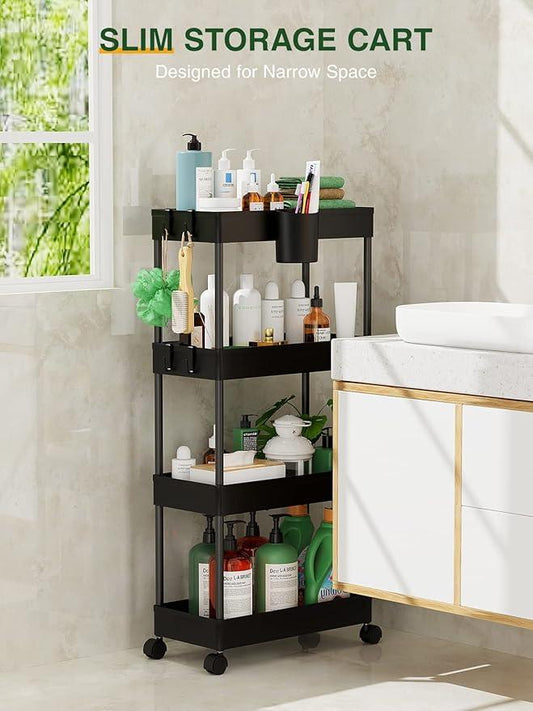 LEHOM Slim Rolling Storage Cart - 4 Tiers Bathroom Organizer Utility Cart Slide Out Storage Shelves Mobile Shelving Unit for Kitchen, Bedroom, Office, Laundry Room, Small Narrow Spaces(7.1" W+Black) - ModernBath