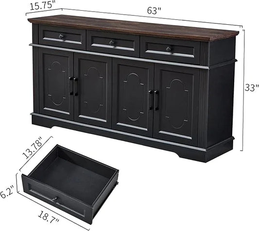 63" Black Buffet Sideboard Cabinet with 4 Doors and 3 Drawers, Modern Farmhouse Kitchen Storage Cabinet, Coffee Bar Cabinet with Adjustable Shelves, Kitchen Living Room Storage, Dining Room - ModernBath