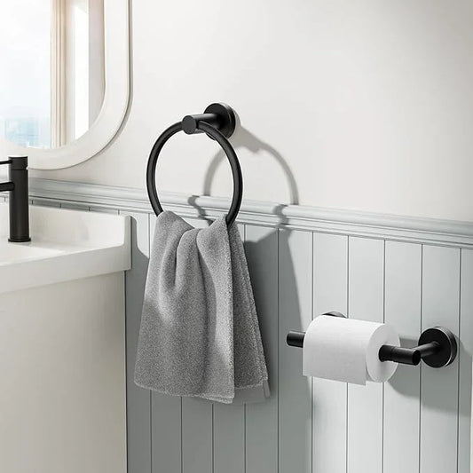 FORIOUS Matte Black Toilet Paper Holder Wall Mount, SUS304 Stainless Steel Double Post Pivoting Tissue Roll Holder and Hand Towel Ring Set for Bathroom, RV, Bathroom Hardware Accessories Set - ModernBath