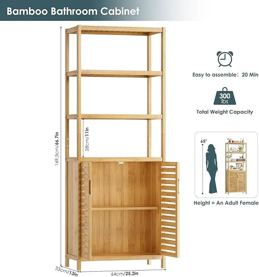 HIFIT Tall Bathroom Storage Cabinet, 66" Bamboo Narrow Bathroom Floor Cabinet with 2 Door & 4-Tier Open Shelves, Corner Tall Cabinets Freestanding Organizer Unit for Bath, Living Room, Entryway,Nature - ModernBath