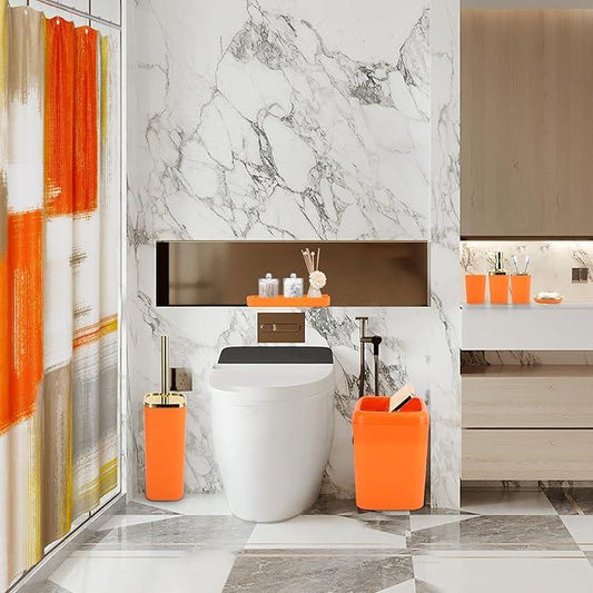 XLHOMO Orange Bathroom Accessories Set, Bathroom Sets with Shower Curtain, Orange Bathroom Accessories with Trash Can, Soap Dispenser, Soap Dish, Toilet Brush Holder, Qtip Holders for Bathroom - ModernBath