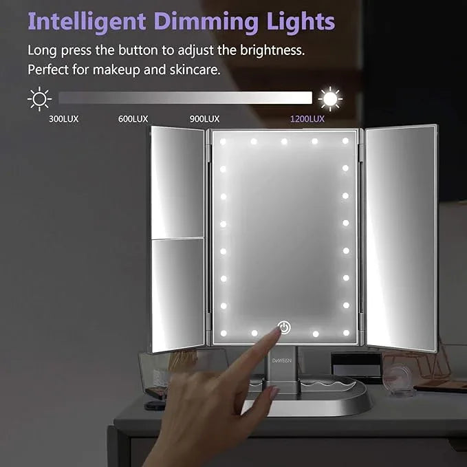 deweisn Trifold Lighted Vanity Makeup Mirror with 21 LED Lights,1/2/3 Magnification and Dimming,Two Power Supplies Makeup Mirror,Gift for Women - ModernBath