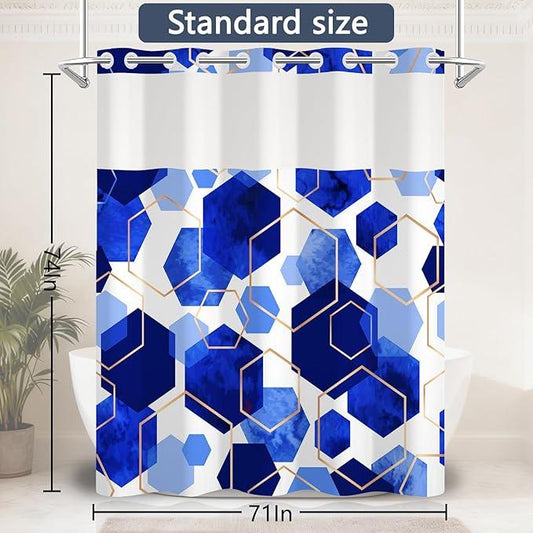 NAEMBCU No Hook Geometric Shower Curtain with Snap-in Liner, Blue and Gold Hexagons Bath Curtain with See Through Top, Waterproof Double Layer for Bathroom Decor, 71 x 74 Inch - ModernBath