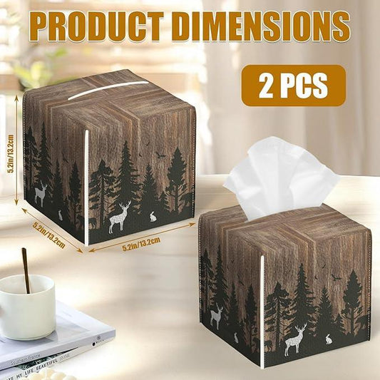 Deer Forest Wood Grain Tissue Box Cover 2PCS, Leather Tissue Box Holder Square Facial Paper Case Tissue Box Cube Organizer for Bathroom Bedroom Desk Office - ModernBath