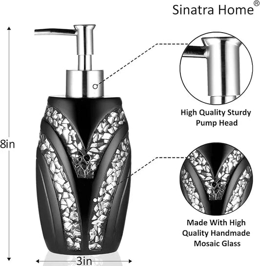 Zahari Home 4pc Sinatra Stylish Bathroom Accessories Set Black Soap Dispenser/Lotion Pump, Tumbler, Tooth Brush Holder and Soap Dish Modern Luxury Decor Bling Mosaic Glass Black Bathroom Accessories - ModernBath