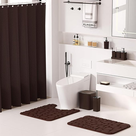 XLHOMO Bathroom Accessories Set - 25PC Bathroom Sets with Shower Curtain and Rugs, Brown Bathroom Accessories, Bathroom Accessory Set, Brown Shower Curtain Set, Trash Can & Soap Dispenser