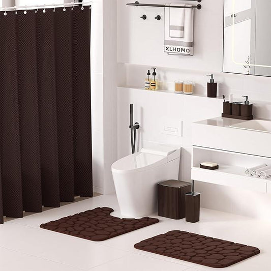 XLHOMO Bathroom Accessories Set - 25PC Bathroom Sets with Shower Curtain and Rugs, Brown Bathroom Accessories, Bathroom Accessory Set, Brown Shower Curtain Set, Trash Can & Soap Dispenser - ModernBath