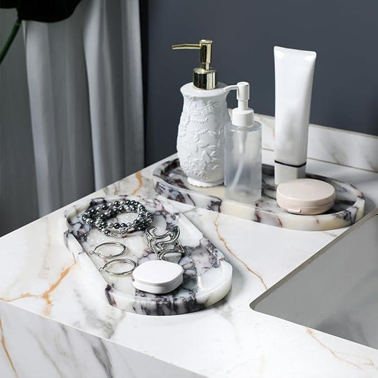 Faticdorr Marble Tray, 2 Pcs, Marble Vanity Tray, Bathroom, Decor for Trinket Perfume Jewelry Candle, White Marble Purple Veins, 12 Inch Oral - ModernBath
