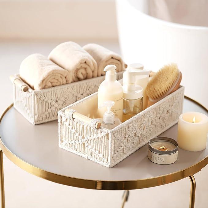 Mkono Macrame Storage Baskets Boho Decor Box Handmade Woven Decorative Countertop Toilet Tank Shelf Cabinet Organizer for Bedroom Livingroom Home, Set of 2, Ivory - ModernBath