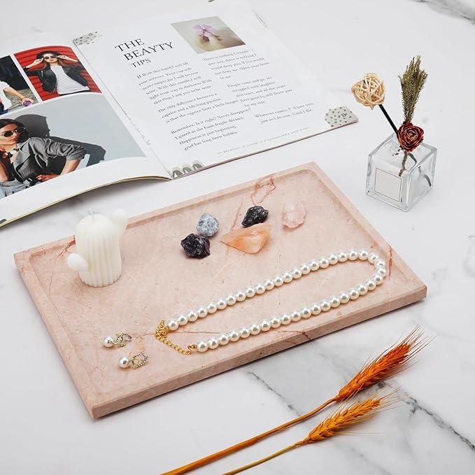 Real Luxurious Natural Marble Tray - 12x8 Inch Marble Vanity Tray for Perfume Display, Jewelry Organizer, Bathroom & Home Decor -Heavy Duty Non-Slip Stone Tray (Non-Resin/Non-Ceramic)(Pink) - ModernBath