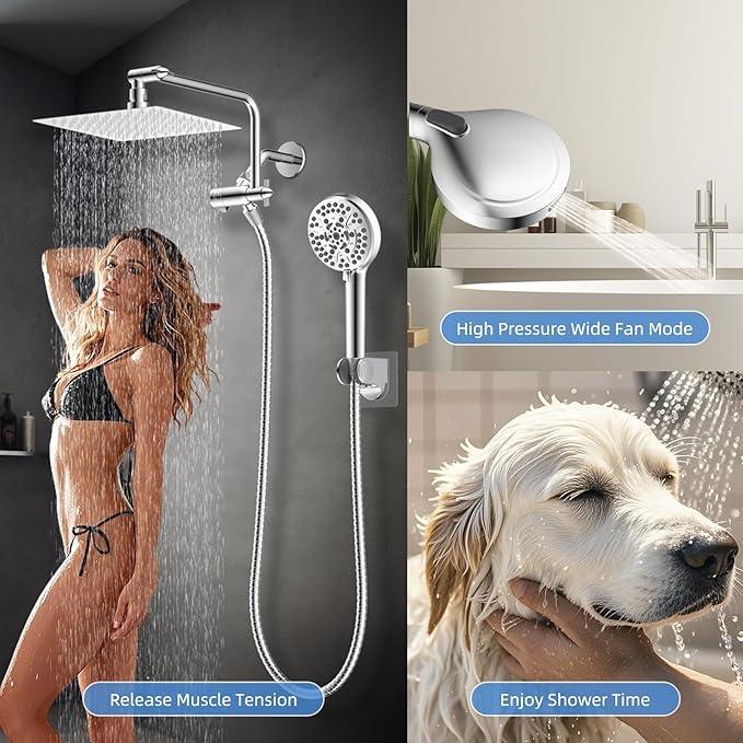 All Metal Shower Head, 8" High Pressure Rainfall/Handheld Shower Combo with 11" Extension Arm, 10-Spray Handheld Showerhead, 71" Long Hose, 3-Way Diverter Valve, Chrome - ModernBath