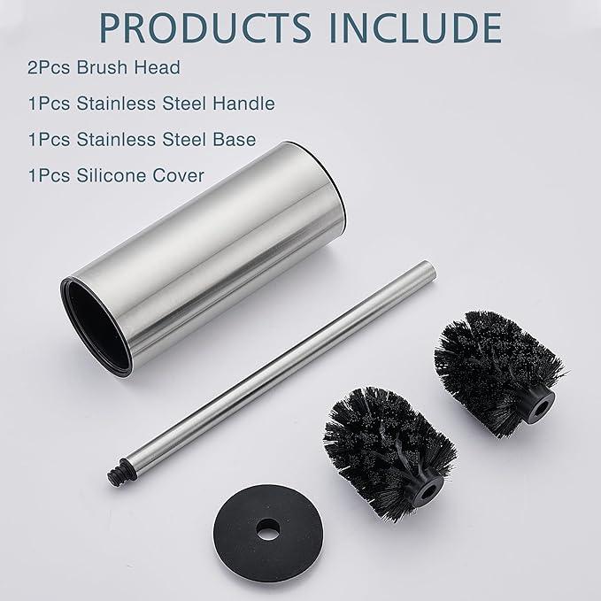 FORIOUS Toilet Brush and Holder Set Brushed Nickel, Heavy Duty 304 Stainless Steel Base and Long Handle Toilet Bowl Cleaners Brush, for Bathroom Storage and Organization, 2 Brush Head - ModernBath