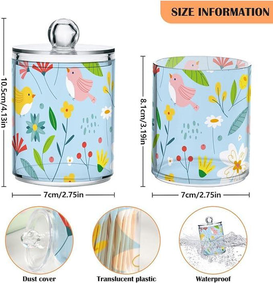 Tatenale Qtip Holder Bathroom Set Q tip Cotton Ball Swab Pad Dispenser Container Organizer Plastic Jars with Lids Storage 2Pack Cute Floral Birds Blue - ModernBath
