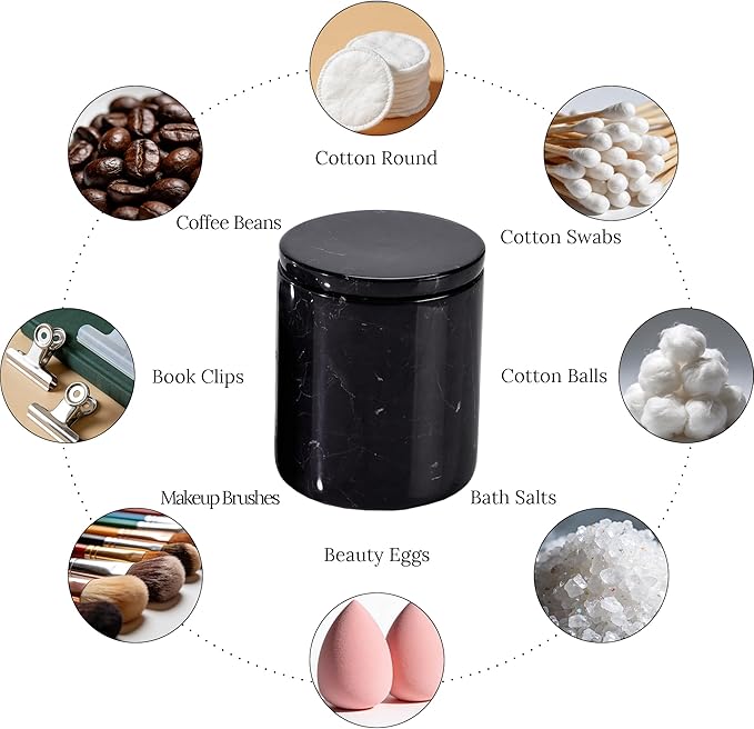 Black Marble Canister with Lid, Natural Marble Bathroom Qtip Holder Storage, 3.75 Inch Dia x 4.5 Inch Ht High Capacity Damp Proof Container for Cotton Swabs, Jewery