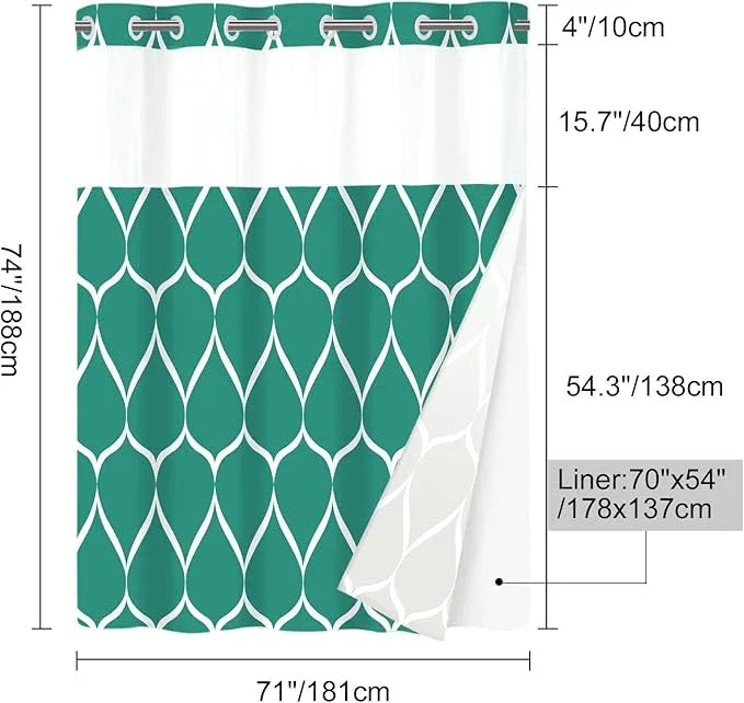 Yiatn No Hook Teal Blue Shower Curtain with Snap in Fabric Liner Set - Hotel Style with See Through Mesh Top Window, Modern Geometric Waterdrop Design,Waterproof and Washable, 71x74 INCH - ModernBath