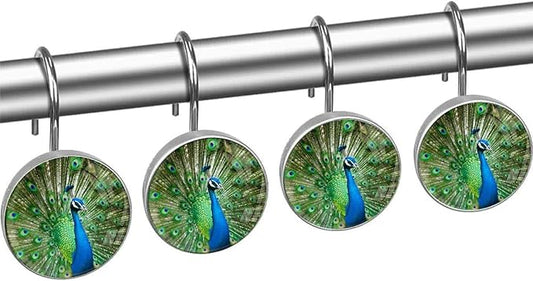 12pcs Shower Curtain Hooks,The Peacock Shows its Tail Decorative Shower Curtain Hanger Rings Roller, Stainless Steel Round Shower Rings Hangers for Bathroom