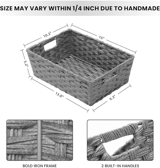 Onlytak Large Wicker Storage Basket, Metal Frame, Set of 2, Washable Waterproof, 15" x 10.3" x 5.2", Grey Color, Woven Basket for Pantry, Toilet, Bathroom, Bedroom, Patio