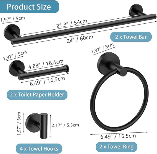 10-Pieces Bathroom Hardware Set, Includes 24 Inch Towel Racks for Bathroom Wall Mounted, Toilet Paper Holder, Towel Hooks for Bathrooms, Towel Rings for Bathroom Wall (Matte Black)