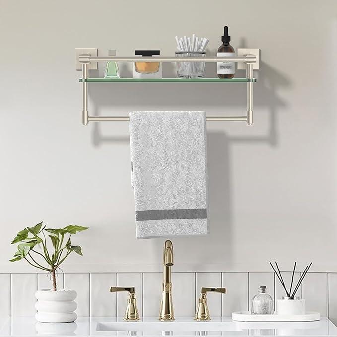 16-Inch Modern Glass Shelf with Towel Bar, 1-Shelf, Brushed Nickel Finish, Wall Mount, Bathroom Organizer - ModernBath