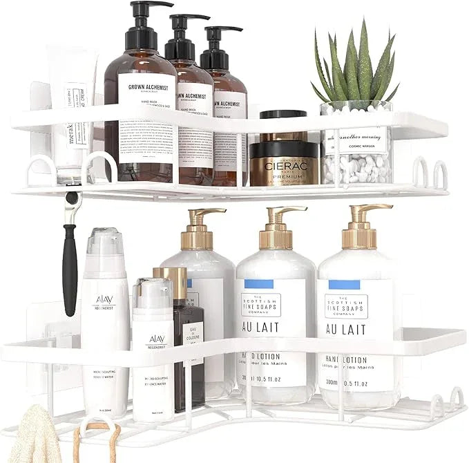 Corner Shower Caddy - 2 Pack, Adhesive Shower Organizers, Rustproof Stainless Steel Shower Shelves with 8 Hooks, No Drilling Bathroom Organizers and Storage Racks, Space-Saving, White, Large - ModernBath