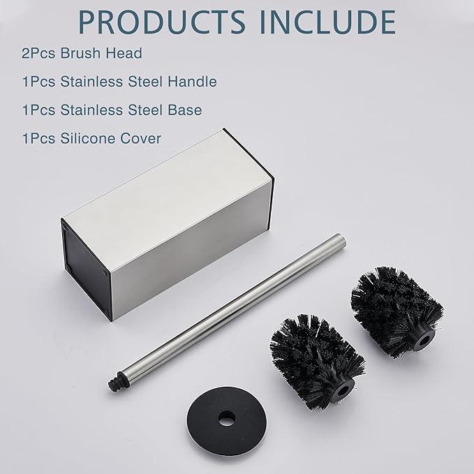 FORIOUS Toilet Brush and Holder Set, Heavy Duty 304 Stainless Steel Base Square and Long Handle for Bathroom Deep Cleaning, Drip-Proof, Space Saving for Storage, 2 Toilet Bowl Brush Head - ModernBath