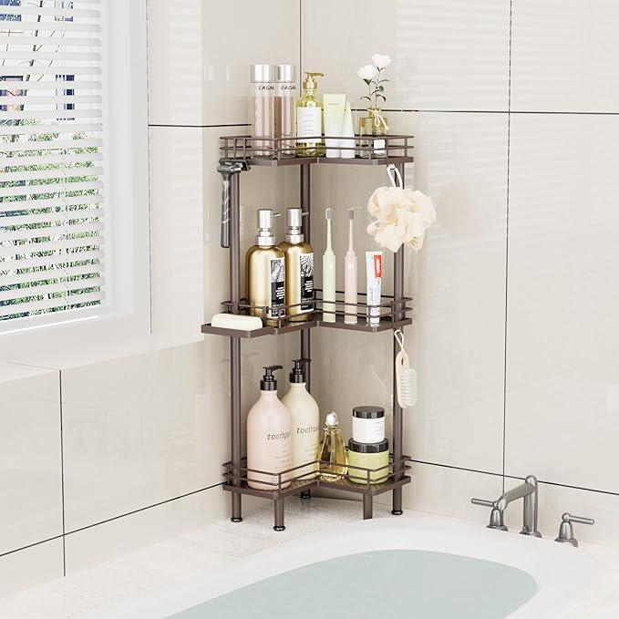 Consumest Corner Shower Caddy Standing - 3-Tier Stainless Steel Shower Organizer with Soap Holder and 4 Hooks, Large Capacity Corner Shelf Stand for Bathroom, Rest Room, Bronze - ModernBath