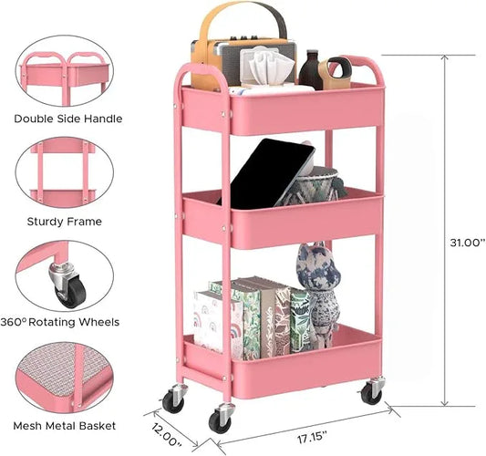 MAX Houser 3-Tier Rolling Utility Cart with Caster Wheels,Easy Assembly, for Kitchen, Bathroom (Pink) - ModernBath