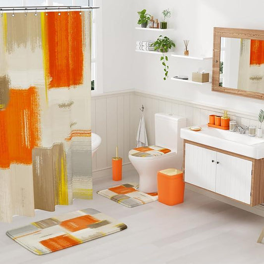 XLHOMO Bathroom Accessories Set - 25PC Bathroom Set with Shower Curtain and Rugs, Orange Bathroom Set, Bathroom Accessory Set with Press-on Lid Trash Can, Soap Dispenser and Qtip Holders - ModernBath