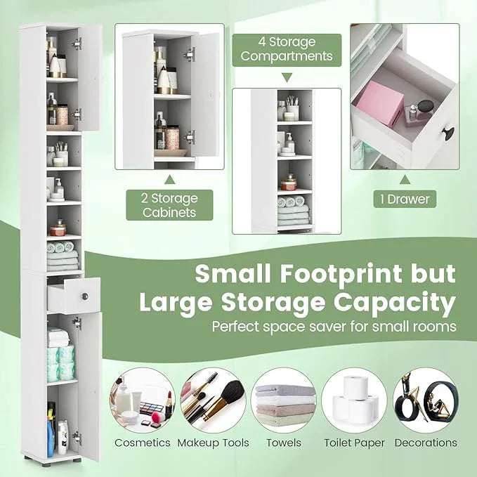 Tangkula Tall Slim Bathroom Storage Cabinet, 71" Freestanding Bathroom Cabinet w/ 2 Doors, 1 Drawer & 5 Adjustable Shelves, Floor Narrow Tower Cabinet for Small Spaces, 8" x 8" x 71" (White) - ModernBath