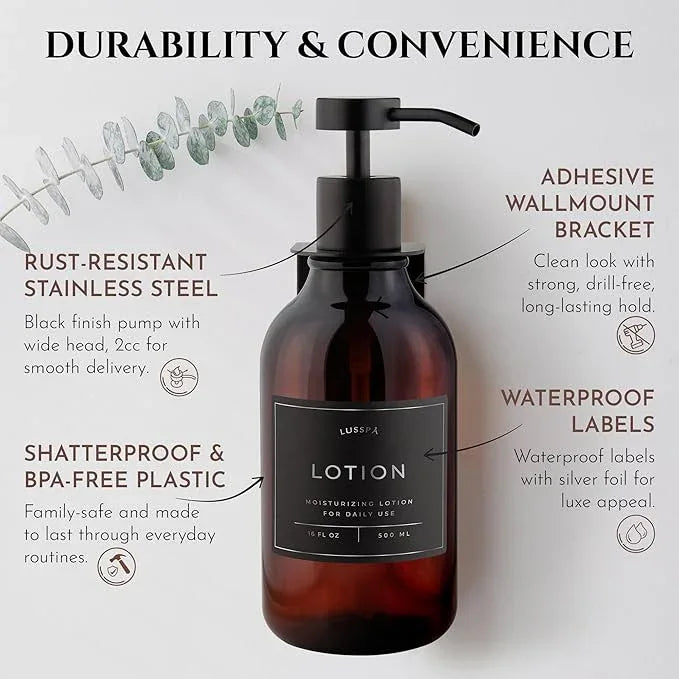 Shampoo & Conditioner Dispenser - Shower Soap Dispenser Wall Mounted - 16.9 Oz Plastic Bottle with Pump & Holder - Shampoo Dispenser - Shower Dispenser Chamber No Drill (1 X Amber/Black) - ModernBath